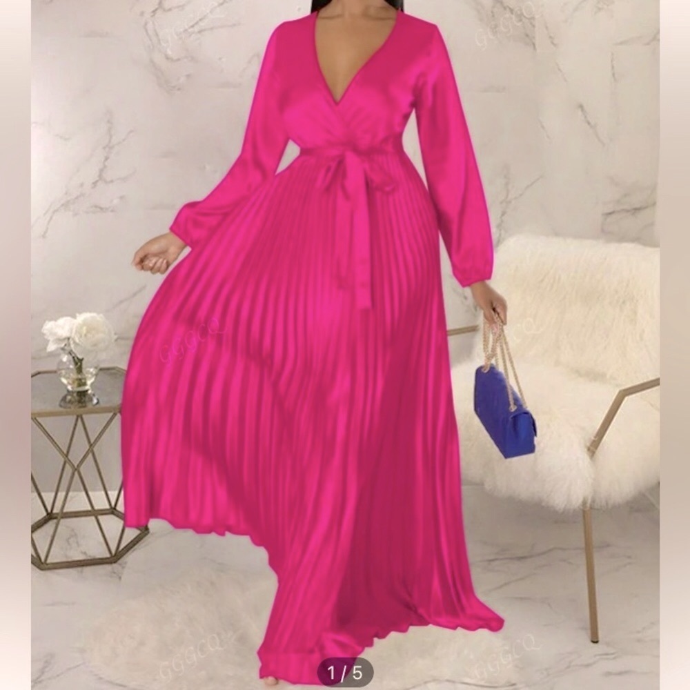 Elegant Pink Maxi Dress V neck luxury
